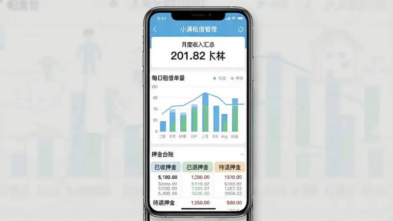 一张手机应用界面展示图,画面展示“小满租借管理”的统计页面,页面顶部是月度收入汇总数字,中间是柱状图展示每日租借单量,下方是押金台账列表,显示“已收押金”“已退押金”“待退押金”三个分类,界面风格扁平化,配色清爽,画质干净,无多余元素