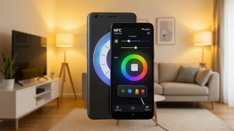 一张展示NFC Lighting软件核心全貌的图片,画面中央是一部安卓手机背面正靠近一个发光的智能灯带控制器,手机屏幕亮起显示NFC Lighting的灯光调节界面,有亮度滑块和色轮,背景是温馨的客厅环境,暖黄色灯光氛围,风格现代简约,细节清晰,画质干净明亮,无多余元素