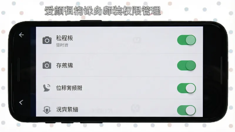 一张展示爱颜相机在安卓手机上的安装权限设置界面示意图,主体为手机屏幕显示应用权限管理页面,布局上列表展示相机、存储、位置等权限开关,排版清晰,风格为系统设置界面写实风,细节上开关状态明确、文字标签清晰,画质干净无多余元素