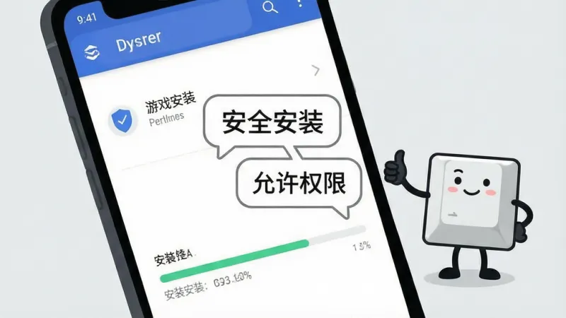 一张手机屏幕特写插画,画面显示安卓系统的权限设置界面和游戏安装进度条,旁边有一个卡通键帽小人竖起大拇指,背景是浅灰色简约风格,画面中部有“安全安装”和“允许权限”的提示文字气泡,整体布局清晰,风格为扁平化科技插画,画质干净,无多余元素