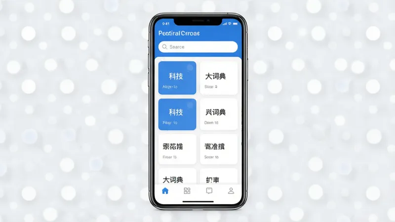 一张展示“科技大词典”手机应用主界面的产品全貌图,画面中央是一部竖屏手机,屏幕内显示应用首页,顶部为搜索框,中间为分类词条卡片列表,底部为导航栏,整体布局清晰,风格简洁现代,蓝白配色为主,细节干净,画质高清,无多余元素