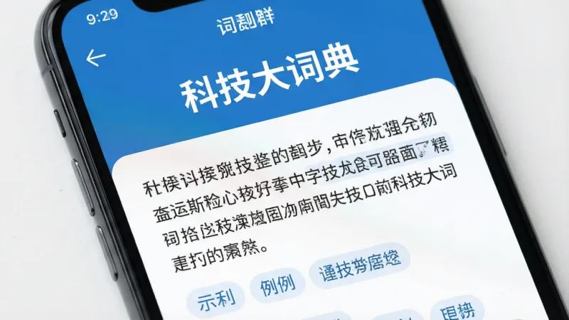 画面主体是一部手机屏幕特写,屏幕内展示“科技大词典”的词条详情页,页面上方为词条名称,下方为分段解释文字和示例标签,布局清晰,风格扁平化,蓝白配色,细节干净,画质高清,无多余元素