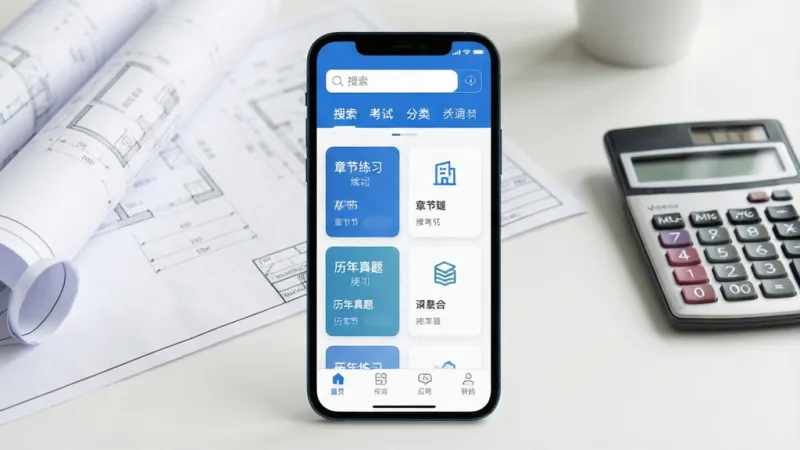 米考试建工应用主界面全貌展示,画面中央是一部智能手机,屏幕显示蓝白色调的题库首页,顶部有搜索框和考试分类标签,中间是章节练习和历年真题的卡片式入口,底部导航栏清晰可见,背景是简洁的书桌场景,旁边放着工程图纸和计算器,风格清爽现代,画质干净细节清晰,无多余元素