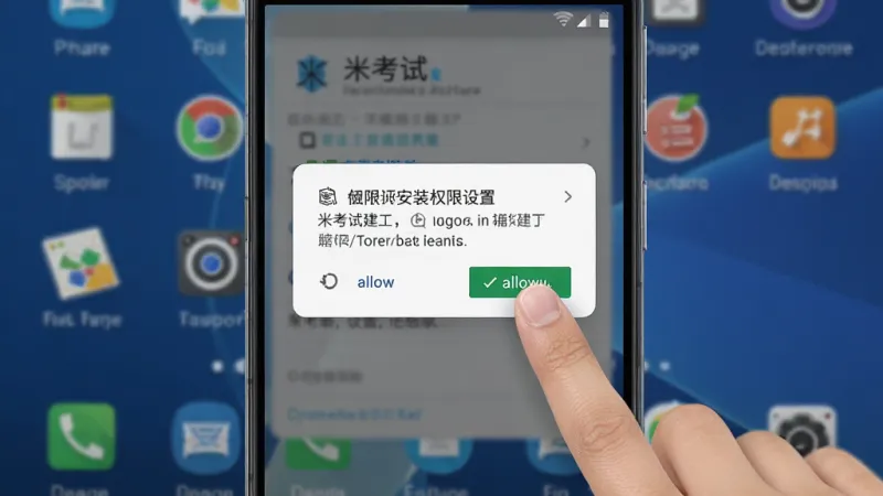 米考试建工在安卓手机上的安装权限设置界面示意,画面显示手机屏幕弹出权限请求对话框,旁边有手指点击允许的示意动作,背景是桌面环境,风格写实清晰,画质干净细节明确