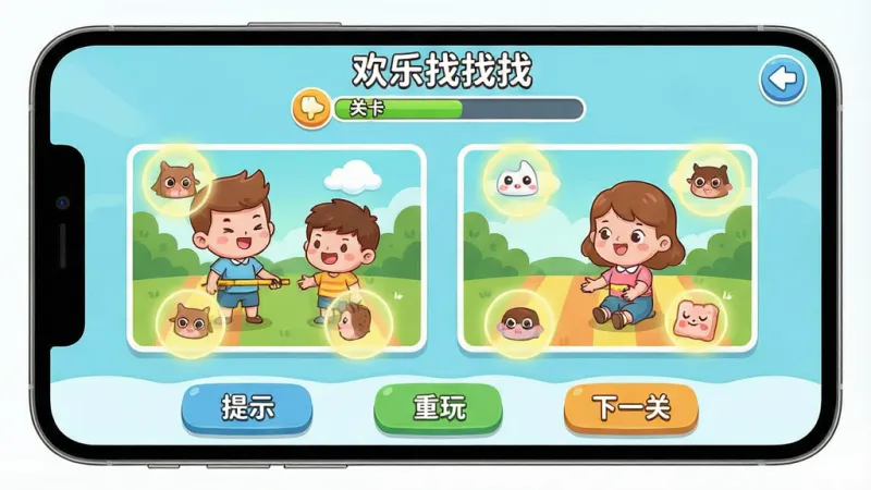 一张手机屏幕展示休闲找茬游戏界面，画面中央左右并排两张色彩鲜艳的卡通插画，插画中有几处不同之处用淡黄色光圈标出，屏幕顶部显示“欢乐找找找”字样和关卡进度条，底部有提示、重玩、下一关三个简洁按钮，整体布局干净，风格轻松明快，细节圆润可爱，画质清晰干净无多余元素