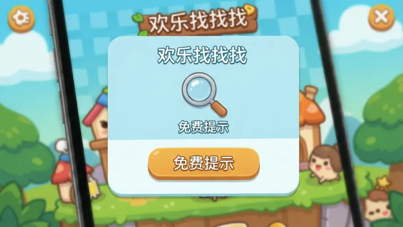手机游戏界面特写，画面展示“欢乐找找找”游戏中的提示功能弹窗，弹窗内有一个放大镜图标和“免费提示”字样，背景是卡通风格的找茬关卡画面，界面排版简洁，按钮清晰，风格清新扁平，画质干净明亮无多余元素