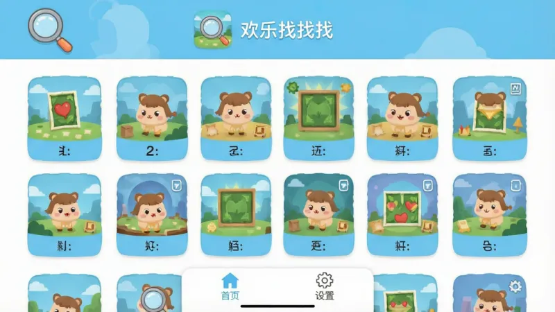 手机应用主界面截图，顶部显示“欢乐找找找”应用名称和卡通放大镜图标，中间是网格状排列的关卡缩略图，每个缩略图下方标注关卡序号，底部导航栏有首页、设置两个选项，整体配色以浅蓝和白色为主，布局清晰，风格现代扁平，画质干净无多余元素