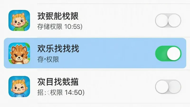 手机设置界面截图，展示应用权限管理页面，列表中“欢乐找找找”应用被高亮标注，旁边显示存储权限开关处于开启状态，界面风格简洁，文字标签清晰，画质干净无多余元素