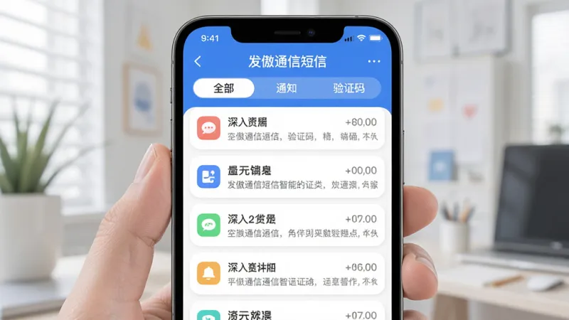 发傲通信短信智能分类功能界面,手机屏幕显示短信列表,上方标签栏区分“全部”“通知”“验证码”,屏幕内有分类图标与短信条目排列,布局清晰,风格简洁现代,细节圆润,画质干净无多余元素