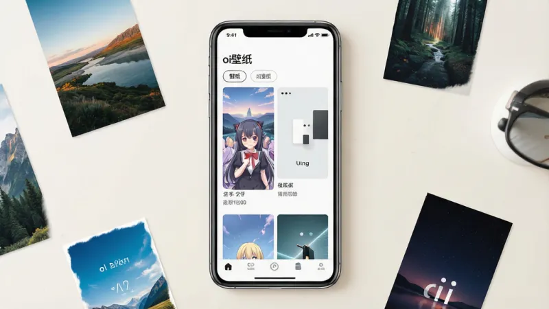 一张展示手机壁纸应用界面的场景图。画面中央是一部竖屏智能手机，屏幕上显示着名为