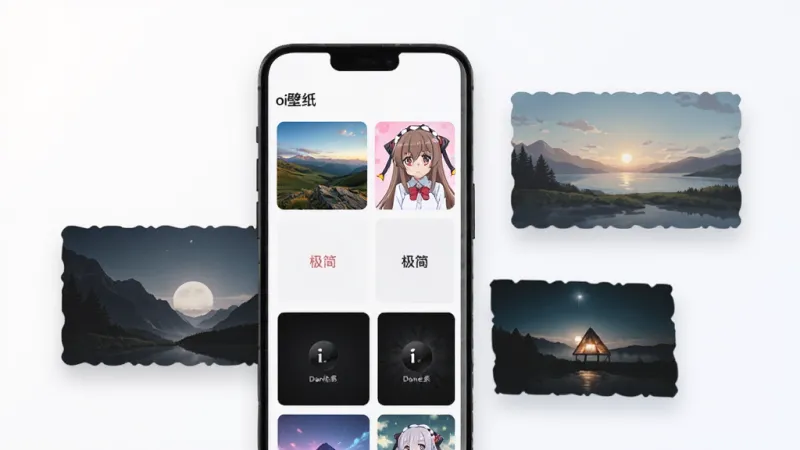 一张展示壁纸分类界面的示意图。画面主体是一部手机，屏幕上展示着