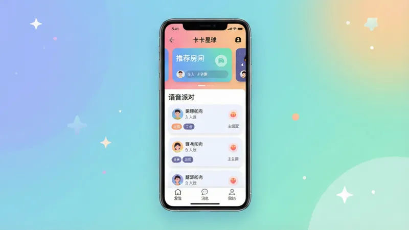 一张展示卡卡星球语音社交软件核心界面的横版宣传图,主体为居中悬浮的手机屏幕,屏幕内显示卡卡星球APP主界面,布局上方是推荐房间轮播卡片,中间是语音派对房间列表,每个房间卡片上有房间名、在线人数和主题标签,底部为发现、消息、我的三个导航标签;排版干净利落,风格为现代扁平化设计配柔和渐变色,细节上房间卡片圆角处理、图标线条简洁;画质高清,干净,无多余元素