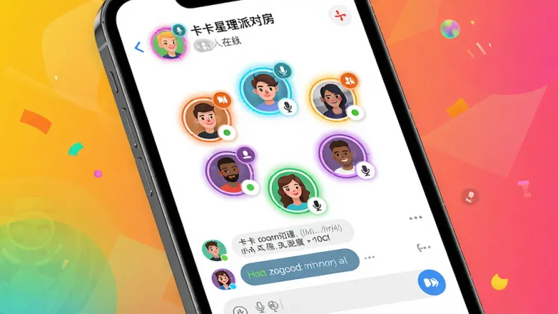 一张展示卡卡星球多人语音派对房界面的宣传图,主体为手机屏幕特写,屏幕内显示一个语音房间界面,布局上方为房间名称和在线人数,中间是环形排列的多个用户头像,每个头像旁有麦克风状态图标,下方为聊天消息滚动区和底部输入框;排版清晰有层次,风格活泼明亮,细节上头像带彩色光环、麦克风图标有开麦闭麦状态区分;画质高清,干净,无多余元素