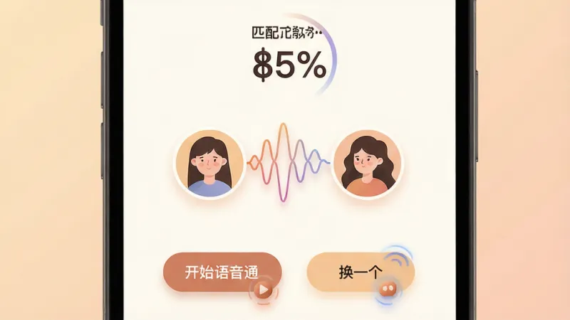 一张展示卡卡星球声音交友匹配功能的宣传图,主体为手机屏幕特写,屏幕内显示匹配成功界面,布局中央为两个圆形用户头像通过声波连线连接,上方显示匹配度百分比,下方为开始语音通话按钮和换一个按钮;排版对称居中,风格温馨柔和,细节上声波用渐变线条表示、按钮有微动效感;画质高清,干净,无多余元素