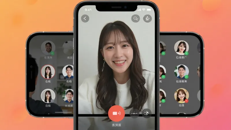 一张展示野美优聊视频聊天交友软件核心界面的图片，画面中央是手机屏幕，屏幕内显示视频聊天匹配界面，有清晰的视频通话按钮和在线用户头像列表，背景是温暖的橙粉色渐变，风格轻松活泼，细节干净利落，画质清晰无多余元素