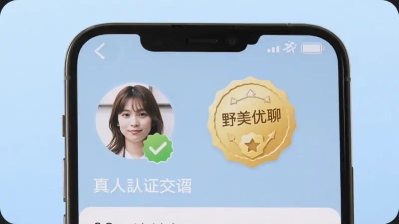 野美优聊视频聊天交友的真人认证标识展示图，画面中手机屏幕显示用户个人主页，头像旁边有醒目的认证徽章，背景是柔和的浅蓝色，风格简洁可信，细节清晰