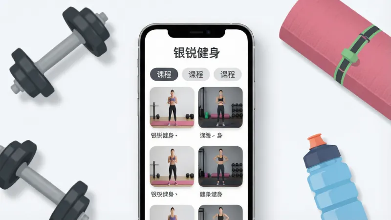 一张展示银锐健身软件核心全貌的宣传图,主体是手机屏幕显示健身课程列表界面,屏幕上方有