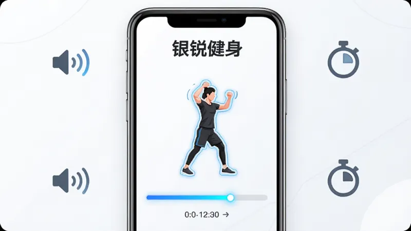 银锐健身软件跟练界面展示图,主体是手机屏幕显示动作演示动画和倒计时进度条,屏幕上方有
