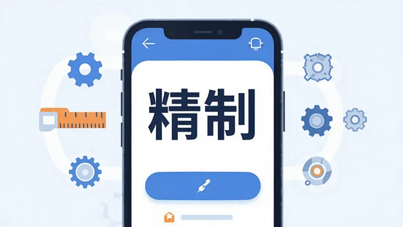 画面中央是一个干净的手机应用界面展示,主标题位置用醒目的字体写着“精制”,周围环绕着代表微制造与精细操作的小图标元素,比如齿轮、标尺、零件轮廓,布局采用居中对称排版,风格为现代扁平化插画,细节上界面按钮圆润、配色以蓝白为主辅以少量橙色点缀,画质清晰干净无多余元素