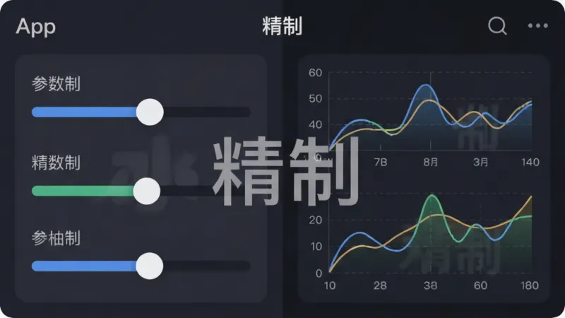 画面展示“精制”App内部的功能分区界面,左侧为参数调节滑块区域,右侧为实时反馈的小图表,界面中带有“精制”水印标识,布局为左右分栏排版,风格为扁平化工具类UI设计,细节上滑块圆润、图表线条清晰,画质干净无杂乱元素