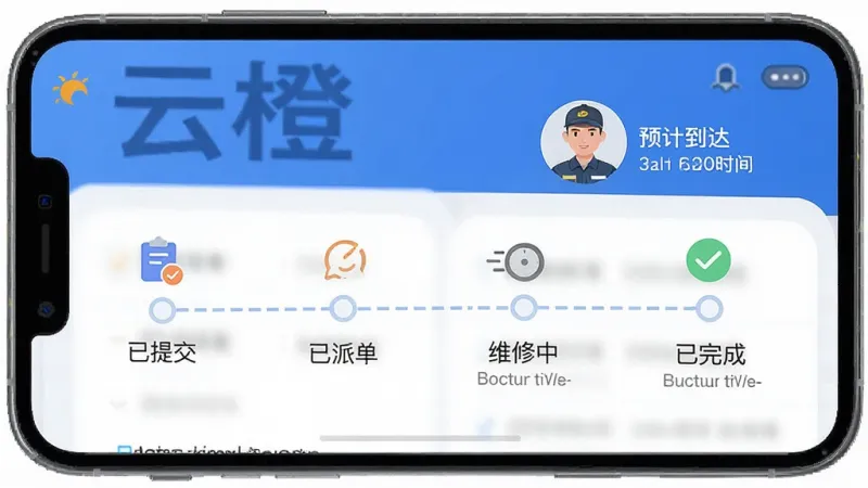一张展示“云橙”报修工单追踪页面的手机界面图,画面中显示一条工单状态时间轴,从“已提交”到“已派单”再到“维修中”和“已完成”,每个节点都有小图标和文字说明,旁边配有维修师傅的头像和预计到达时间,整体采用蓝白配色,布局清晰,风格现代扁平,画质干净无多余元素