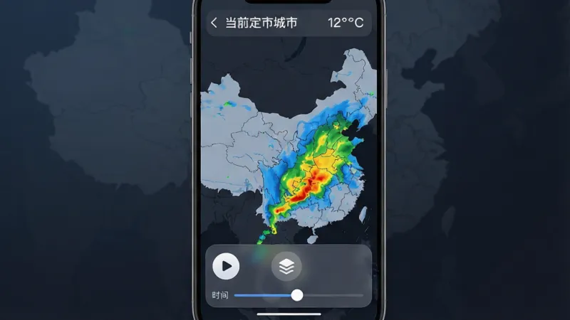 一张手机屏幕展示气象雷达应用主界面的详细画面，主体是一部竖屏智能手机，屏幕中央显示中国地图局部区域，地图上覆盖着蓝绿黄红渐变的雷达回波色块，顶部有当前定位城市名称和温度数字，底部排列着播放按钮、图层切换按钮和时间轴滑块，整体布局简洁清晰，风格为现代扁平化设计，细节包括圆润的图标边角和半透明毛玻璃效果的控制栏，画质干净锐利，无多余元素