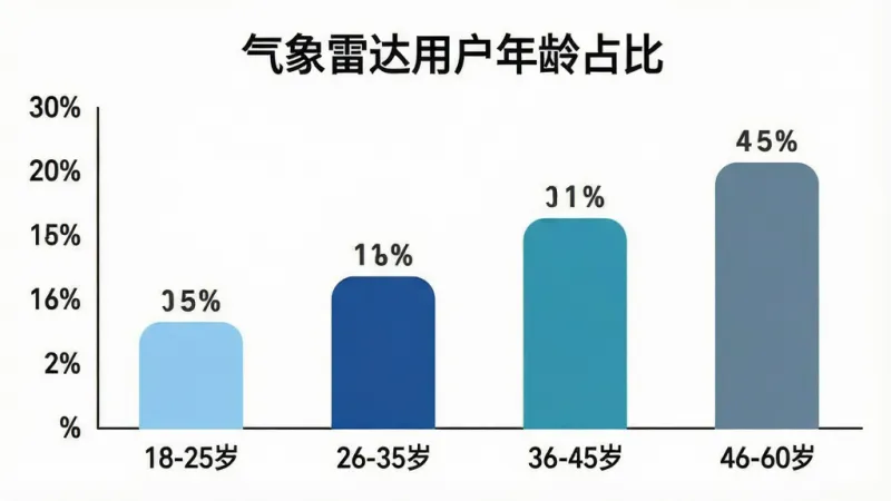 一张柱状图展示气象雷达应用用户年龄分布，主体为白色背景上的彩色柱状图，横轴标注“18-25岁”“26-35岁”“36-45岁”“46-60岁”四个年龄段，纵轴为百分比刻度，柱体颜色分别为浅蓝、深蓝、蓝绿、灰蓝，柱顶标注具体占比数字，布局为简洁的图表样式，风格为扁平化信息图，细节包括标题“气象雷达用户年龄占比”和圆角柱体设计，画质干净清晰，无多余元素
