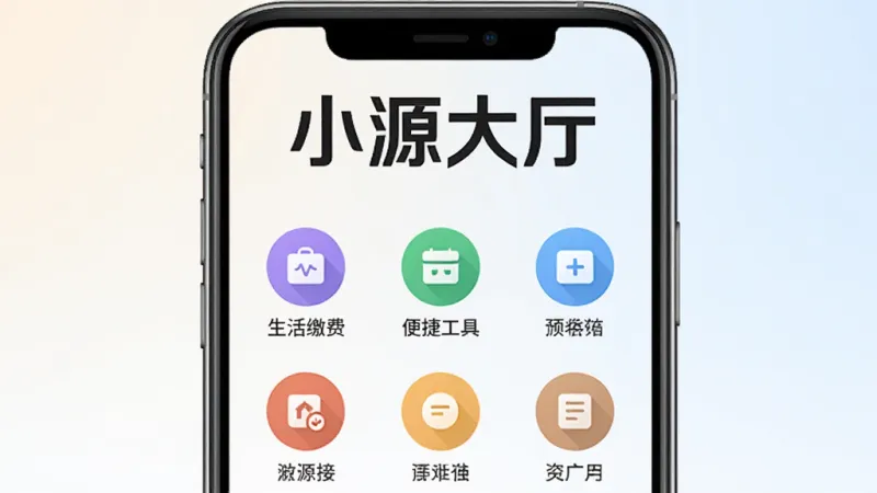 一张展示小源大厅软件主界面的手机截图，画面中央是软件首页，顶部有“小源大厅”四个大字的Logo，下方排列着几个整齐的圆形功能图标，包括生活缴费、便捷工具等，背景是干净的浅色渐变，风格简洁现代，画质清晰，无多余元素