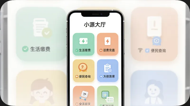 一张展示小源大厅功能聚合页面的示意图，画面中是一个手机屏幕，屏幕上显示着“小源大厅”标题，下方是一个个功能卡片，比如“生活缴费”、“话费充值”、“便民查询”等，卡片设计圆润，色彩柔和，背景干净，风格扁平化，画质清晰