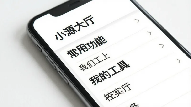 一张展示小源大厅软件界面的手机模型图，画面中手机屏幕显示着简洁的菜单列表，标题为“小源大厅”，列表项有“常用功能”、“我的工具”等，字体大而清晰，背景为白色，整体风格极简，画质干净