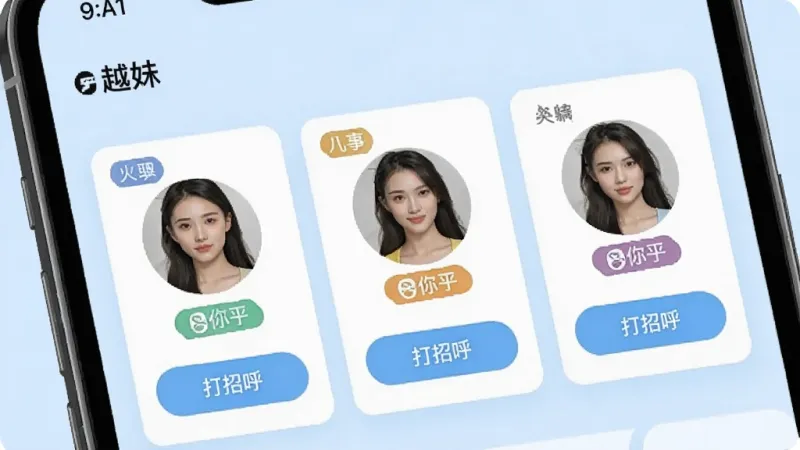 一张展示“越妹”应用内智能匹配页面的手机截图,画面中排列着三位带有不同兴趣标签的用户头像卡片,卡片下方有“打招呼”按钮,背景是浅蓝色,布局清晰,风格简约现代,画质干净