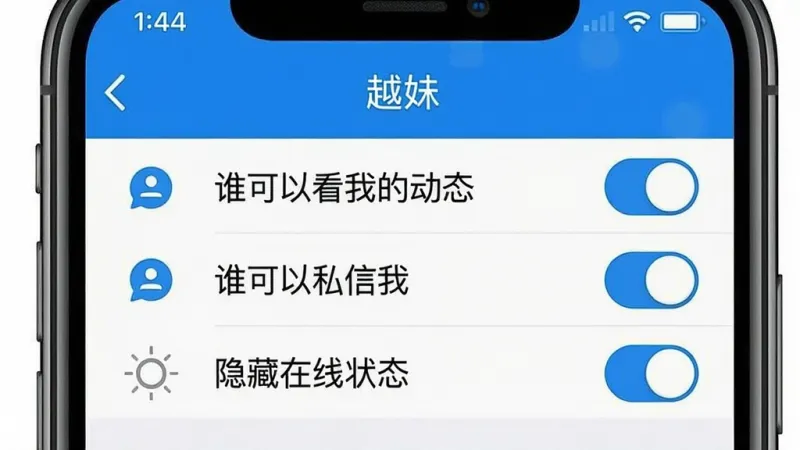 一张展示“越妹”隐私设置页面的手机截图,屏幕中列有“谁可以看我的动态”、“谁可以私信我”、“隐藏在线状态”等选项开关,界面以蓝白为主色调,图标简洁,风格严谨,画质清晰无多余元素