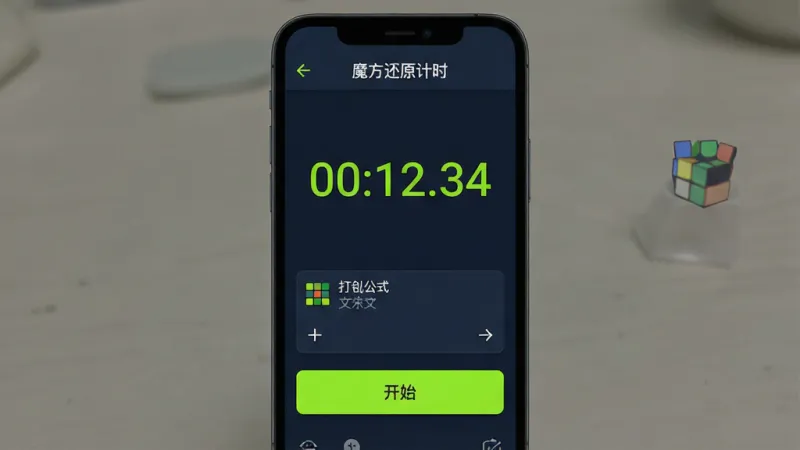 一张展示魔方还原计时软件主界面的手机截图画面，画面中央是一部竖屏手机，手机屏幕上显示着魔方还原计时应用的主界面，顶部有“魔方还原计时”字样，中间是醒目的计时数字“00:12.34”，下方排列着打乱公式文本框和开始按钮，界面背景为深色护眼模式，配色以深蓝和荧光绿为主，风格简洁扁平化，细节清晰，画质干净无多余元素