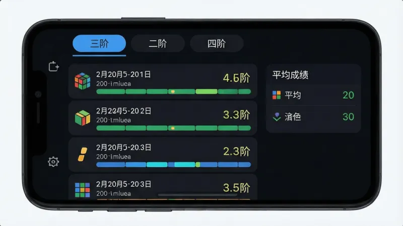 一张展示魔方还原计时成绩记录页面的手机界面图，画面中手机屏幕显示着成绩列表，列表里排列着多条带日期的还原用时记录，右侧有平均成绩统计模块，顶部标签栏显示“三阶”“二阶”“四阶”等分类，界面配色为深色背景配亮色数据条，风格现代扁平，排版整洁，画质干净无多余元素