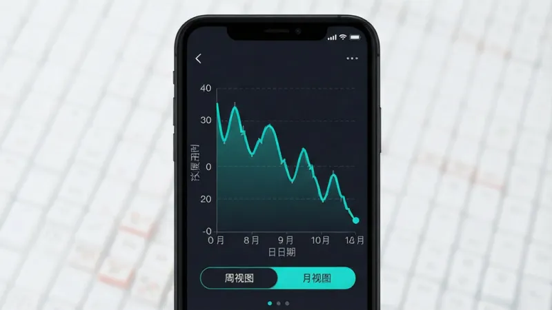 一张展示魔方还原计时成绩趋势图表的手机界面图，画面中手机屏幕显示着折线统计图，横轴为日期纵轴为还原用时，折线呈波动下降趋势，图表下方有“周视图”“月视图”切换按钮，界面配色为深色背景配青绿色折线，风格数据可视化扁平设计，排版清晰，画质干净无多余元素