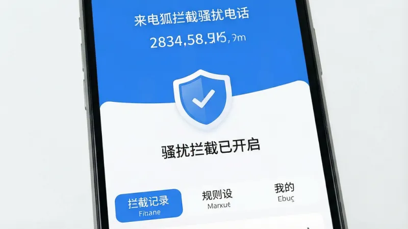 一张手机屏幕特写图,画面中央是“来电狐拦截骚扰电话”应用主界面,顶部显示拦截统计数字,中间为醒目的盾牌图标与“骚扰拦截已开启”字样,底部为拦截记录、规则设置、我的三个选项卡,整体布局简洁,蓝白配色,扁平化设计风格,细节圆润,画质干净清晰,无多余元素