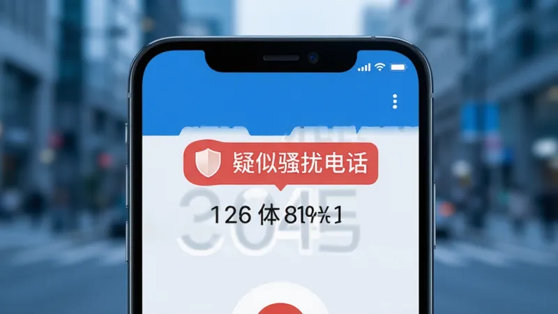 一部手机屏幕显示来电界面,号码上方浮现“疑似骚扰电话”的红色标签和盾牌图标,背景为模糊的城市街景虚化处理,画面风格简洁现代,蓝白主色调,细节清晰,画质干净,无多余元素