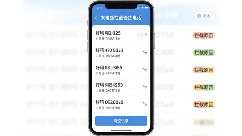 手机屏幕展示“来电狐拦截骚扰电话”的拦截记录页面,列表逐条显示被拦截号码、归属地和拦截原因标签,顶部有筛选按钮,底部有清空记录按钮,界面排版整齐,蓝白配色,扁平化风格,细节清晰,画质干净,无多余元素
