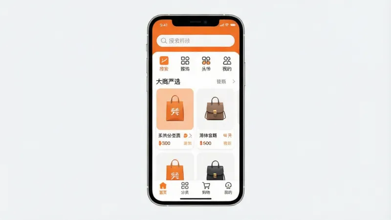 一张手机应用界面展示图,画面中央是一部竖屏手机,屏幕上显示“大商严选”App首页,顶部有搜索框和分类图标,中部为严选商品卡片横向排列,底部为首页、分类、购物车、我的四个导航标签,整体布局简洁清晰,风格现代扁平,配色以橙白为主,细节圆润,画质干净无多余元素