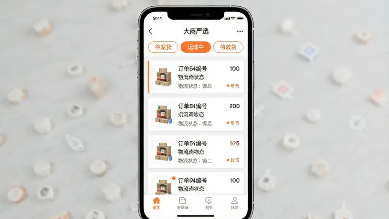 一张手机订单管理界面展示图,画面为竖屏手机屏幕,显示“大商严选”订单页面,顶部有三个状态标签“待发货”“运输中”“待收货”,中部为订单卡片列表,每张卡片包含商品缩略图、订单编号和物流状态文字,底部为导航栏,整体风格清爽扁平,配色以白色和橙色点缀,画质干净无多余元素