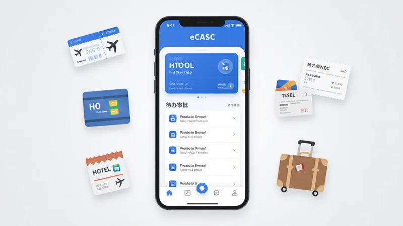 画面中央是一部手机,屏幕上显示着“eCASC”应用的主界面,界面以蓝白色调为主,顶部是行程卡片,中间是待办审批列表,底部是导航栏;手机周围漂浮着机票、酒店房卡、发票、行李箱的扁平化小图标;整体风格为现代商务扁平插画风,光线明亮柔和,背景为干净的浅灰渐变;细节上图标圆润、文字清晰、布局规整;画质高清,画面干净无多余元素