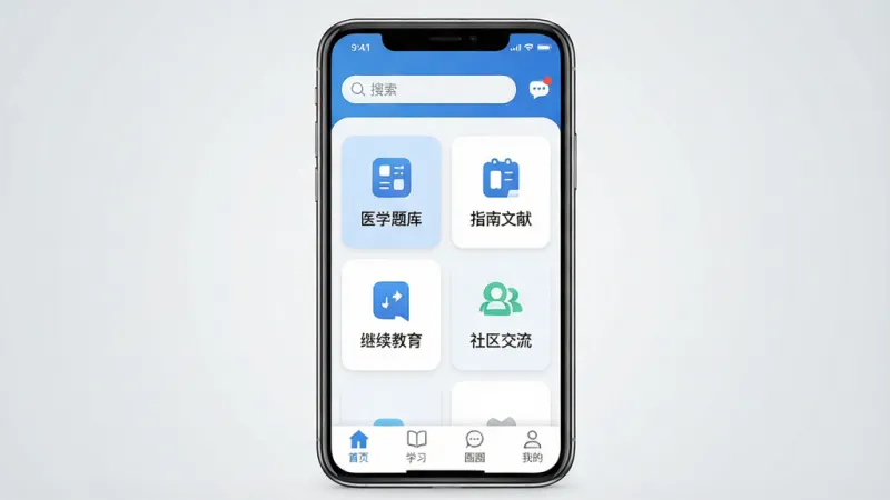 一张展示医护之家应用核心全貌的手机界面截图,画面中央是手机屏幕,屏幕内显示医护之家APP首页,顶部有搜索栏和消息图标,中部为功能卡片式布局,包含医学题库、指南文献、继续教育、社区交流四个入口,底部为首页、学习、圈子、我的四个选项卡,整体采用蓝白配色,风格简洁现代扁平化,细节圆润,画质干净清晰,无多余元素,背景为浅灰色渐变,突出应用图标和界面布局