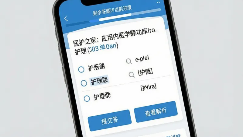 医护之家应用内医学题库功能展示图,画面为手机屏幕特写,屏幕显示一道护理学单选题,题干清晰,下方有四个选项按钮,底部有提交答案和查看解析两个按钮,屏幕上方显示剩余答题时间和当前进度,整体界面配色为蓝白相间,风格清爽扁平,文字排版规整,画质干净无多余元素,背景为纯色浅灰,突出题库练习场景