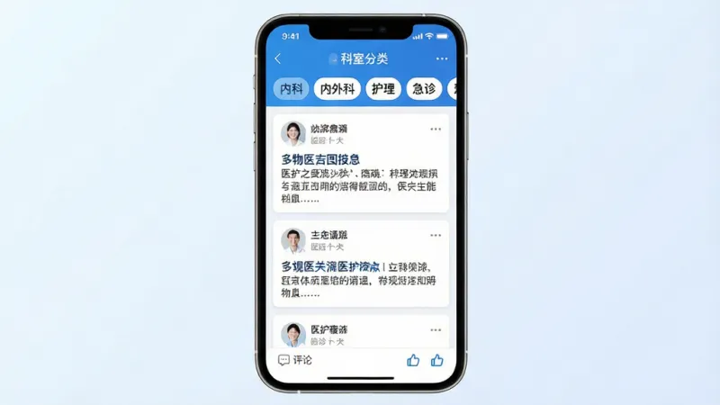 医护之家社区交流功能界面图,手机屏幕显示医护社区帖子列表页,顶部有科室分类标签栏,如内科、外科、护理、急诊等,下方为帖子卡片,每张卡片包含用户头像、昵称、帖子标题和摘要,底部有评论数和点赞图标,界面风格简洁明快,蓝白配色为主,排版疏朗,画质干净清晰,无多余装饰元素,背景为浅色渐变,突出社区互动氛围