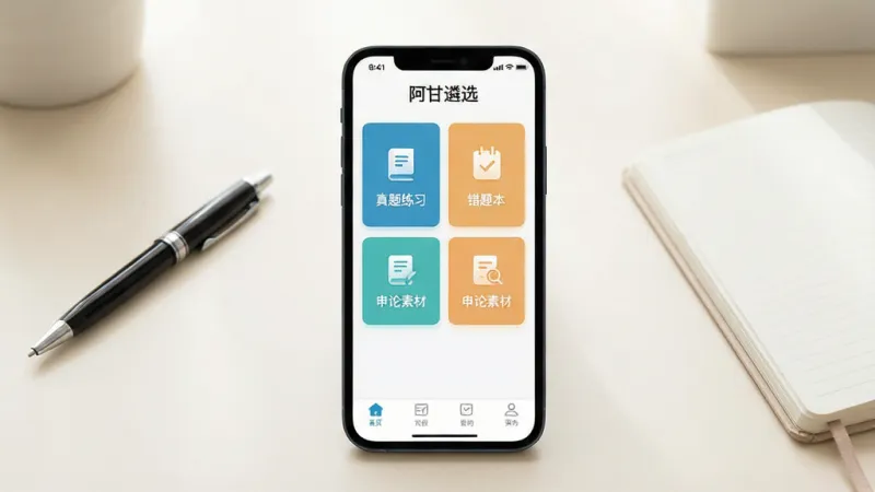 一张展示“阿甘遴选”手机应用主界面的图片,画面中央是一部竖屏手机,屏幕内显示应用首页,顶部有“阿甘遴选”文字标识,中间是功能卡片式布局,包含“真题练习”“错题本”“申论素材”等入口图标,底部为导航栏,背景为浅色系学习场景桌面,旁边放着一支笔和一本笔记本,风格简洁现代,光线明亮柔和,画质干净清晰,无多余装饰元素