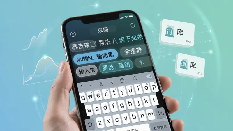 暴击输入法智能联想功能展示图,画面中一只手握着手机,屏幕键盘上方候选词栏高亮显示多个联想短语,旁边有淡淡的记忆曲线图标和词库卡片漂浮,背景为柔和的蓝绿色调,风格科技感但平易近人,细节清晰,画质干净,无多余元素