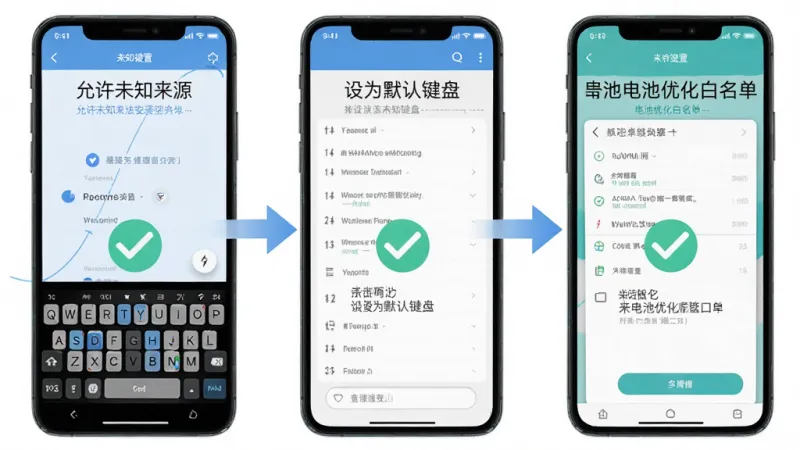 暴击输入法安装设置步骤示意图,画面中手机屏幕分三步展示允许未知来源、设为默认键盘、电池优化白名单界面,配有箭头引导和勾选图标,风格教程图解式,配色清新,细节清晰,画质干净,无多余元素