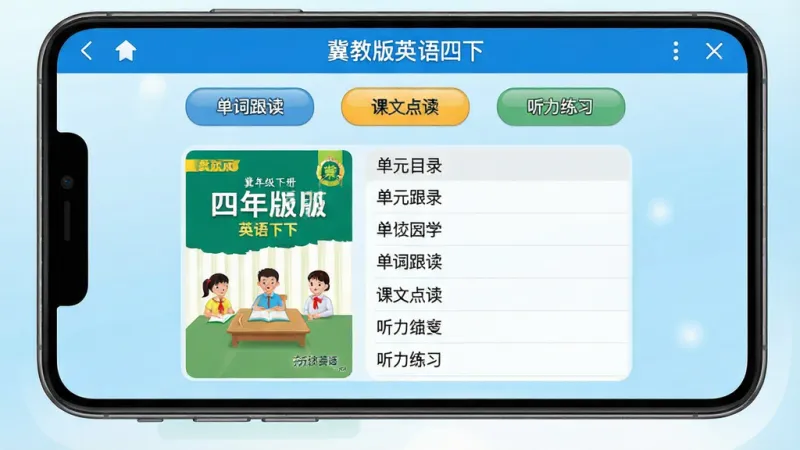 一张展示冀教版英语四下软件主界面的手机截图，画面中央是四年级下册英语课本封面和单元目录列表，顶部有蓝色导航栏写着“冀教版英语四下”，下方排列着单词跟读、课文点读、听力练习三个功能按钮，背景是浅蓝色渐变，整体风格清爽干净，画质清晰无多余元素