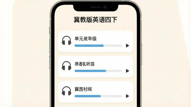 一张冀教版英语四下听力练习界面的截图，手机屏幕显示四年级英语单元听力列表，每项有耳机图标和播放进度条，顶部有“冀教版英语四下”字样，背景为柔和的米白色，界面排版整齐，文字标签明确，风格现代扁平，画质干净无多余元素