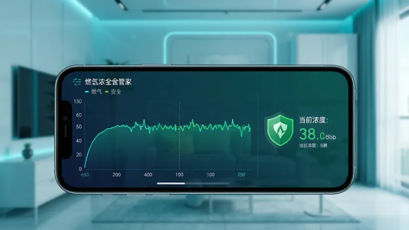 燃气安全管家实时监测功能展示,画面中一部手机横屏显示燃气浓度曲线图,曲线平稳中有小幅波动,旁边有绿色安全标识和当前浓度数值,背景是简洁的居家环境,风格科技感十足,蓝绿色调,数据可视化清晰,画质干净无多余元素